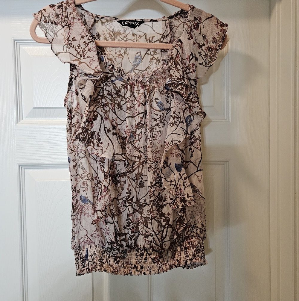 Express Women's Floral Blouse - Light Dusty Rose and Brown